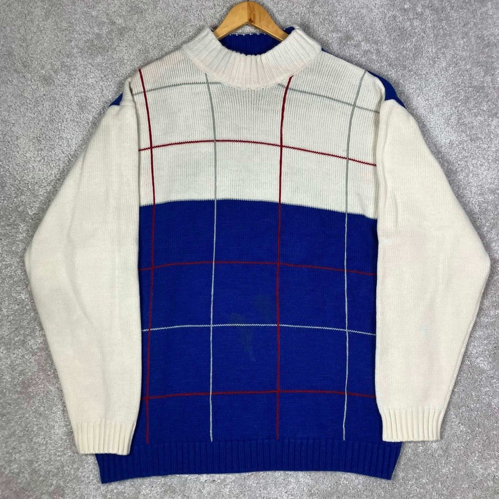 Vintage 90s PJ Mark Classic Athletic Mens XL Sweater Blue White Grid Pattern XL